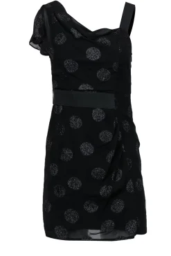 Nanette Lepore - Black Metallic Polka Dot Ruffled Sleeve Sheath Dress Sz 0