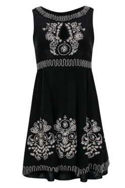 Nanette Lepore - Black Silk Fit & Flare Dress w/ Beige Embroidery & Keyhole Cutout Sz 2