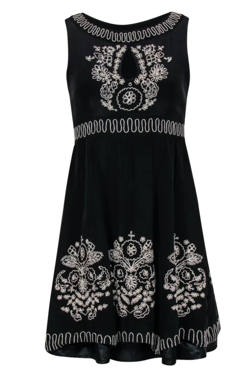 Nanette Lepore - Black Silk Fit & Flare Dress w/ Beige Embroidery & Keyhole Cutout Sz 2