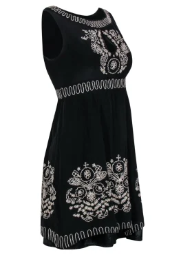 Nanette Lepore - Black Silk Fit & Flare Dress w/ Beige Embroidery & Keyhole Cutout Sz 2