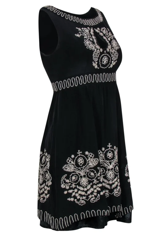 Nanette Lepore - Black Silk Fit & Flare Dress w/ Beige Embroidery & Keyhole Cutout Sz 2