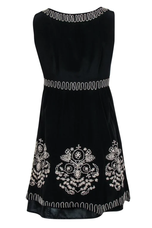 Nanette Lepore - Black Silk Fit & Flare Dress w/ Beige Embroidery & Keyhole Cutout Sz 2