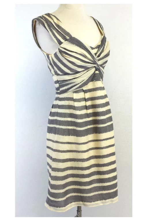 Nanette Lepore - Cream & Grey Striped Silk & Linen Dress Sz 4