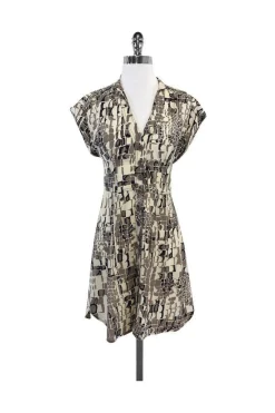 Nanette Lepore - Cream & Tan Print Button-Up Dress Sz 2