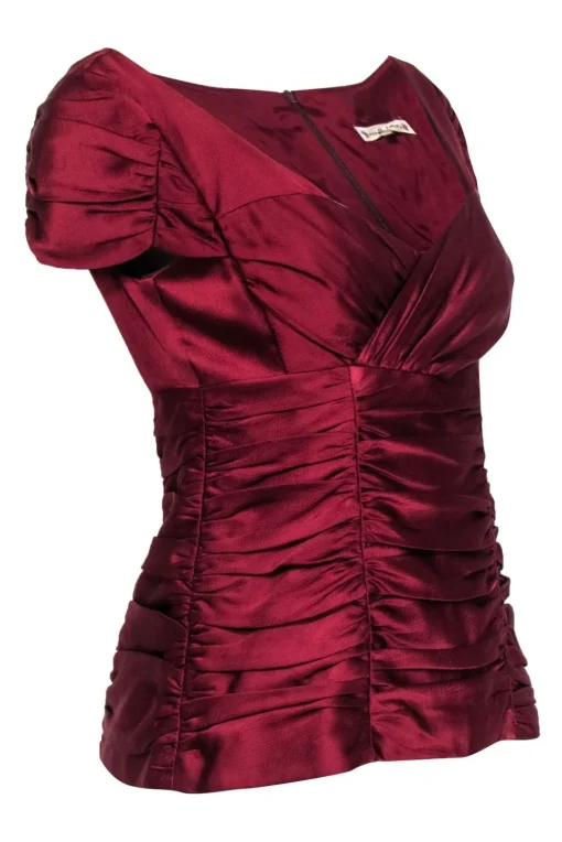 Nanette Lepore - Deep Red Ruched Cap Sleeve Silk Top Sz 6