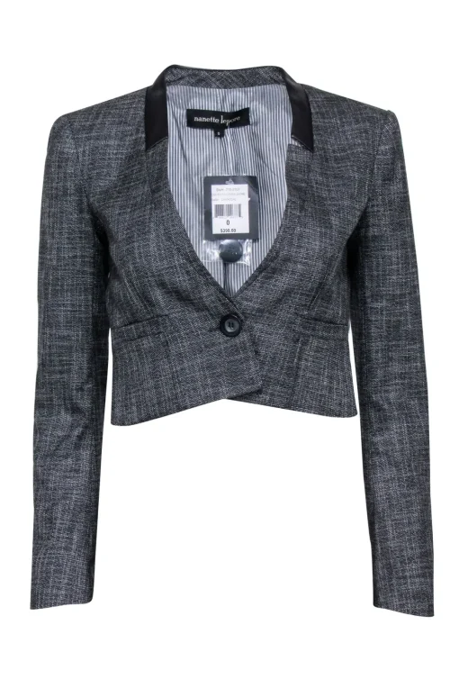 Nanette Lepore - Grey Cropped One Button Blazer w/ Collarless Leather Trim Sz 0