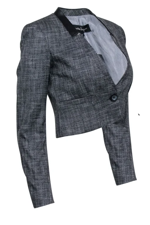 Nanette Lepore - Grey Cropped One Button Blazer w/ Collarless Leather Trim Sz 0