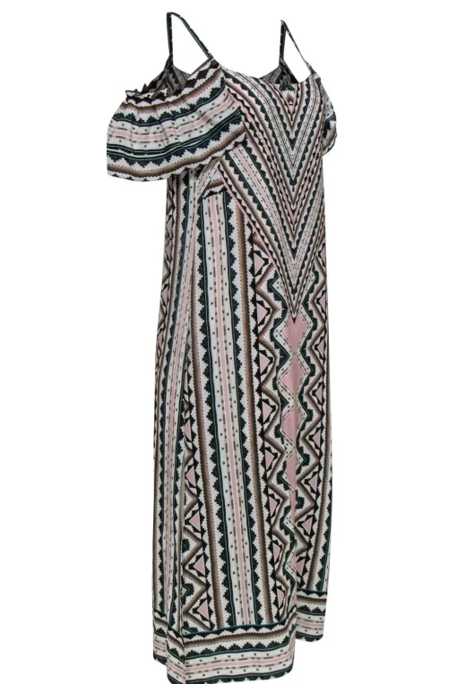 Nanette Lepore - Pink, White & Teal Aztec Print Cold Shoulder Silk Maxi Dress Sz 2