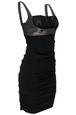 Nicole Miller - Black & Gold Ruched Empire Waist Bodycon Dress Sz 4