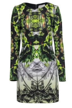 Nicole Miller - Black & Green Floral Print Long Sleeve Bodycon Dress Sz 6