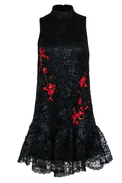 Nicole Miller - Black Lace Sleeveless Dress w/ Red Floral Embroidery Sz 2