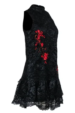 Nicole Miller - Black Lace Sleeveless Dress w/ Red Floral Embroidery Sz 2