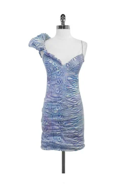 Nicole Miller - Blue & White Print Silk One Shoulder Dress Sz 2