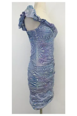 Nicole Miller - Blue & White Print Silk One Shoulder Dress Sz 2