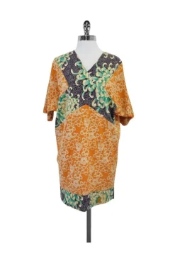 Nicole Miller - Orange & Aqua Floral Silk Dress Sz 2