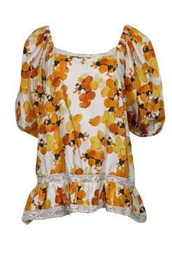 Nicole Miller Artelier - Ivory, Yellow, & Orange Fruit Print Peasant Blouse Sz S