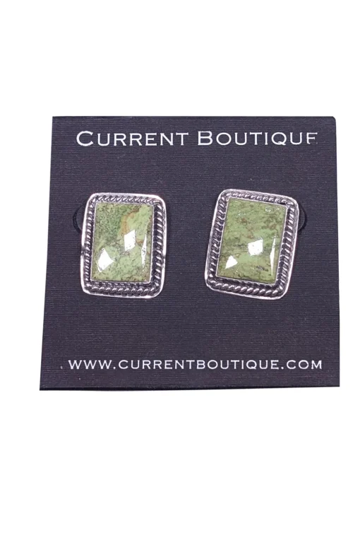 No Label - Green Square Stone w/ Sterling Silver Back Earrings