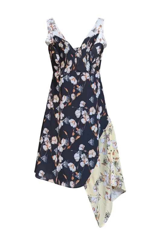 Off-White - Black, White, & Yellow Floral Sleeveless Asymmetrical Hem Dress Sz L