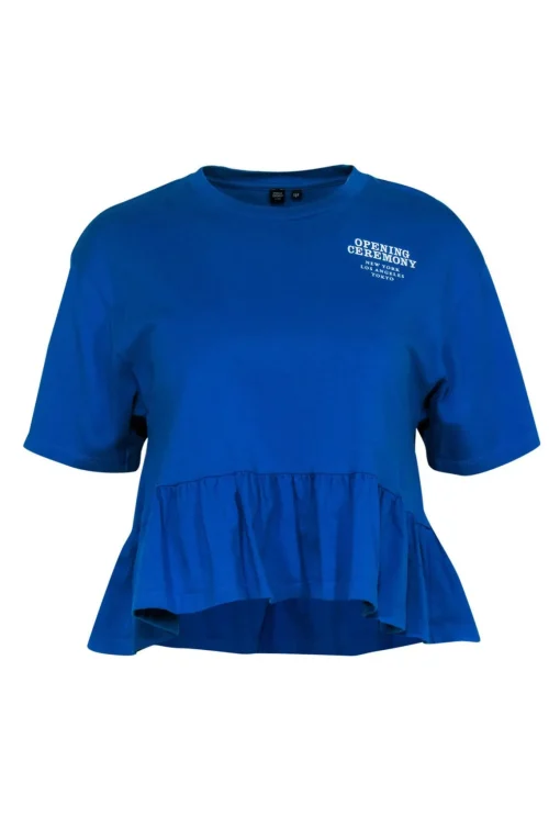 Opening Ceremony - Blue Short Sleeve Peplum Tee w/ Front & Back Logo Graphics Sz S