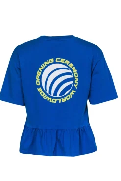 Opening Ceremony - Blue Short Sleeve Peplum Tee w/ Front & Back Logo Graphics Sz S