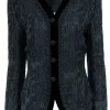 Oscar de la Renta - Black Jacquard Jacket w/ Fabric Buttons & Velvet Trim Sz 10