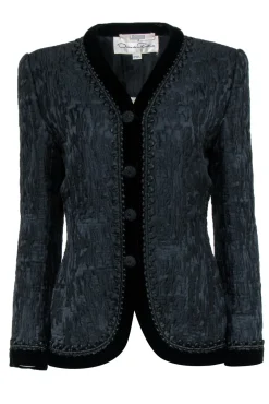 Oscar de la Renta - Black Jacquard Jacket w/ Fabric Buttons & Velvet Trim Sz 10