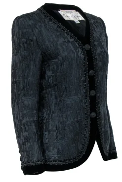 Oscar de la Renta - Black Jacquard Jacket w/ Fabric Buttons & Velvet Trim Sz 10