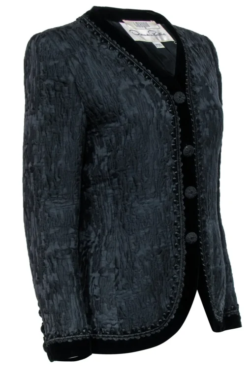 Oscar de la Renta - Black Jacquard Jacket w/ Fabric Buttons & Velvet Trim Sz 10
