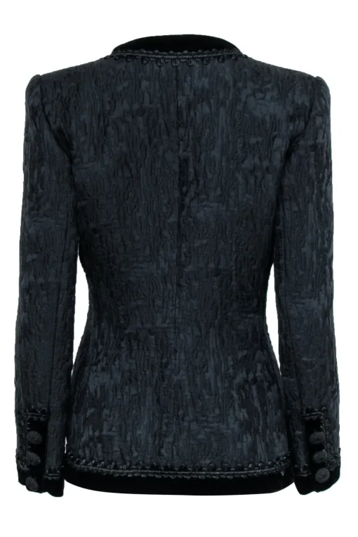 Oscar de la Renta - Black Jacquard Jacket w/ Fabric Buttons & Velvet Trim Sz 10