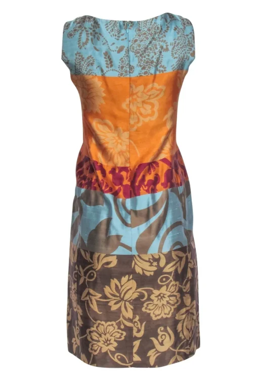 Oscar de la Renta - Orange, Blue, & Brown Multicolor Patchwork Sleeveless Dress Sz 6