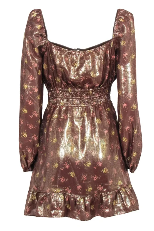 Paige - Copper Rose Gold Floral Print Smocked Waist Dress Sz M