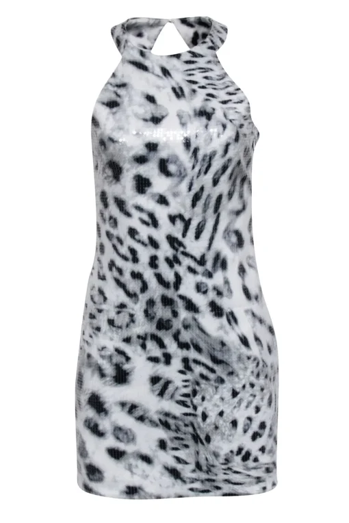 Parker - Grey & White Leopard Print Sequin Sleeveless Dress Sz M