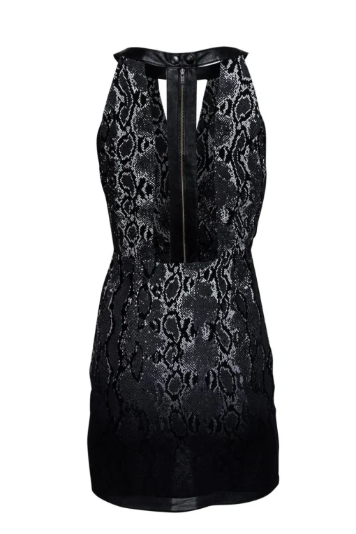 Parker - Grey Snakeskin Print Silk & Leather Dress Sz S