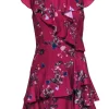Parker - Magenta & Blue Floral Tiered Ruffle Short Sleeve Mini Dress Sz XS