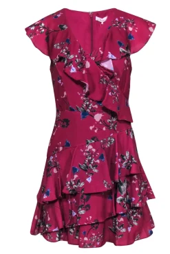Parker - Magenta & Blue Floral Tiered Ruffle Short Sleeve Mini Dress Sz XS