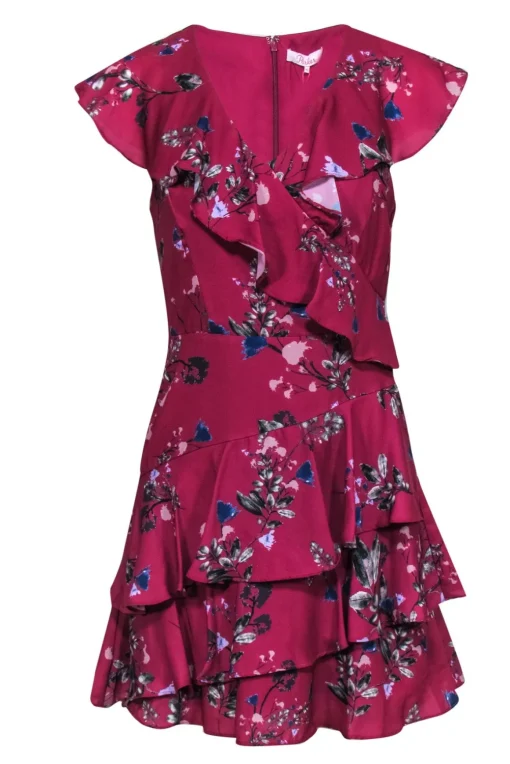 Parker - Magenta & Blue Floral Tiered Ruffle Short Sleeve Mini Dress Sz XS
