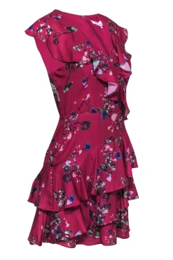 Parker - Magenta & Blue Floral Tiered Ruffle Short Sleeve Mini Dress Sz XS