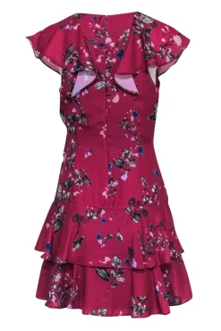 Parker - Magenta & Blue Floral Tiered Ruffle Short Sleeve Mini Dress Sz XS