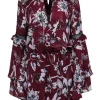 Parker - Maroon & White Floral Keyhole Front Dress w/ Tiered Sleeves Sz L