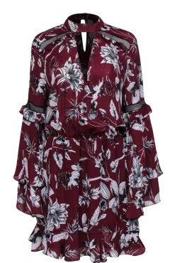 Parker - Maroon & White Floral Keyhole Front Dress w/ Tiered Sleeves Sz L