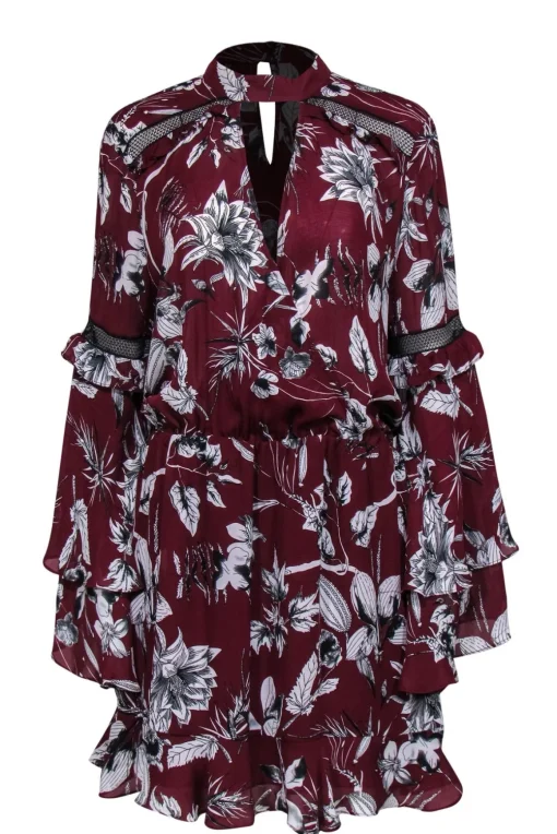 Parker - Maroon & White Floral Keyhole Front Dress w/ Tiered Sleeves Sz L