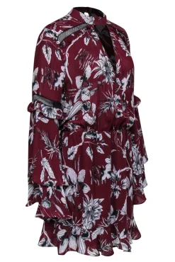 Parker - Maroon & White Floral Keyhole Front Dress w/ Tiered Sleeves Sz L