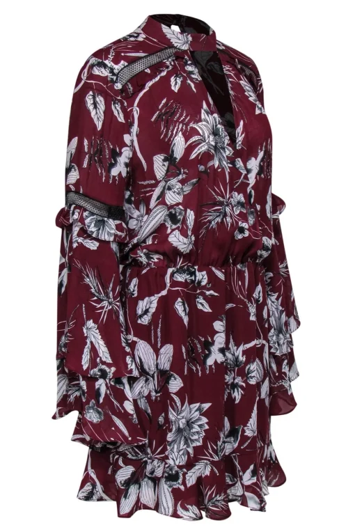 Parker - Maroon & White Floral Keyhole Front Dress w/ Tiered Sleeves Sz L