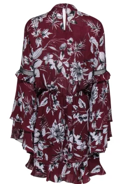 Parker - Maroon & White Floral Keyhole Front Dress w/ Tiered Sleeves Sz L