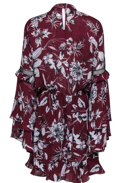Parker - Maroon & White Floral Keyhole Front Dress w/ Tiered Sleeves Sz L