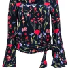 Parker - Navy & Multicolor Floral Bell Sleeve Silk Wrap Blouse Sz XS