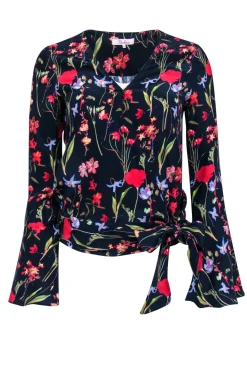 Parker - Navy & Multicolor Floral Bell Sleeve Silk Wrap Blouse Sz XS