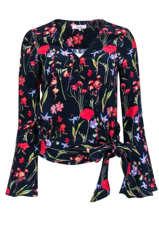 Parker - Navy & Multicolor Floral Bell Sleeve Silk Wrap Blouse Sz XS