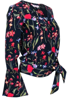 Parker - Navy & Multicolor Floral Bell Sleeve Silk Wrap Blouse Sz XS