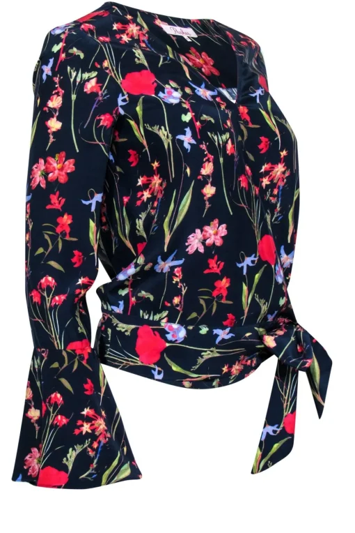 Parker - Navy & Multicolor Floral Bell Sleeve Silk Wrap Blouse Sz XS